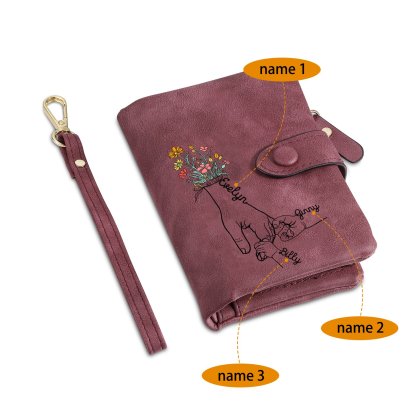 Damen Personalisierte 2-7 Namen Blume Hand PU Leder Geldbörse