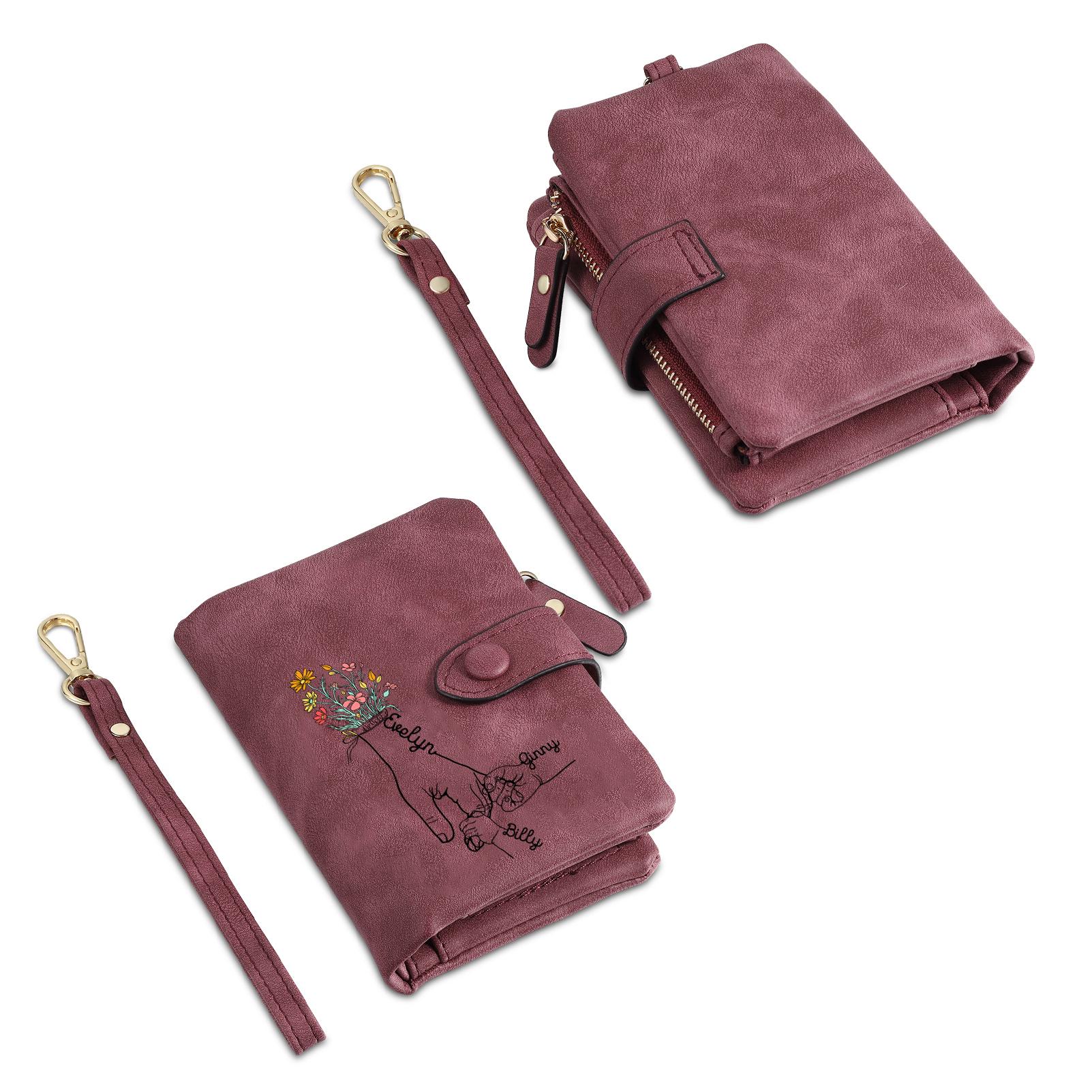 Damen Personalisierte 2-7 Namen Blume Hand PU Leder Geldbörse