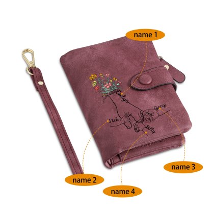 Damen Personalisierte 2-7 Namen Blume Hand PU Leder Geldbörse