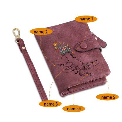 Damen Personalisierte 2-7 Namen Blume Hand PU Leder Geldbörse