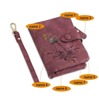 Damen Personalisierte 2-7 Namen Blume Hand PU Leder Geldbörse