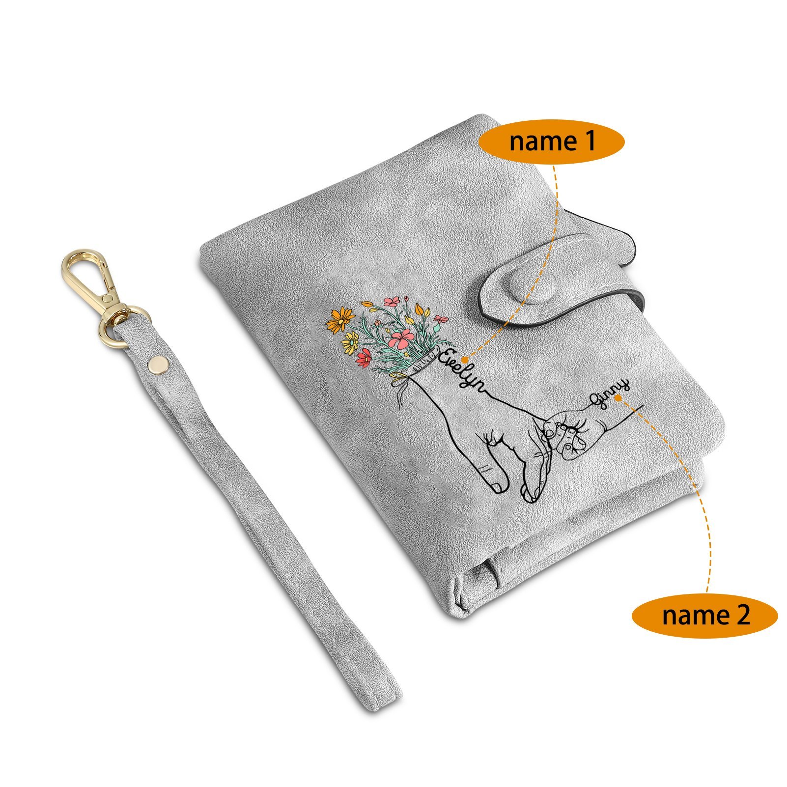 Damen Personalisierte 2-7 Namen Blume Hand PU Leder Geldbörse