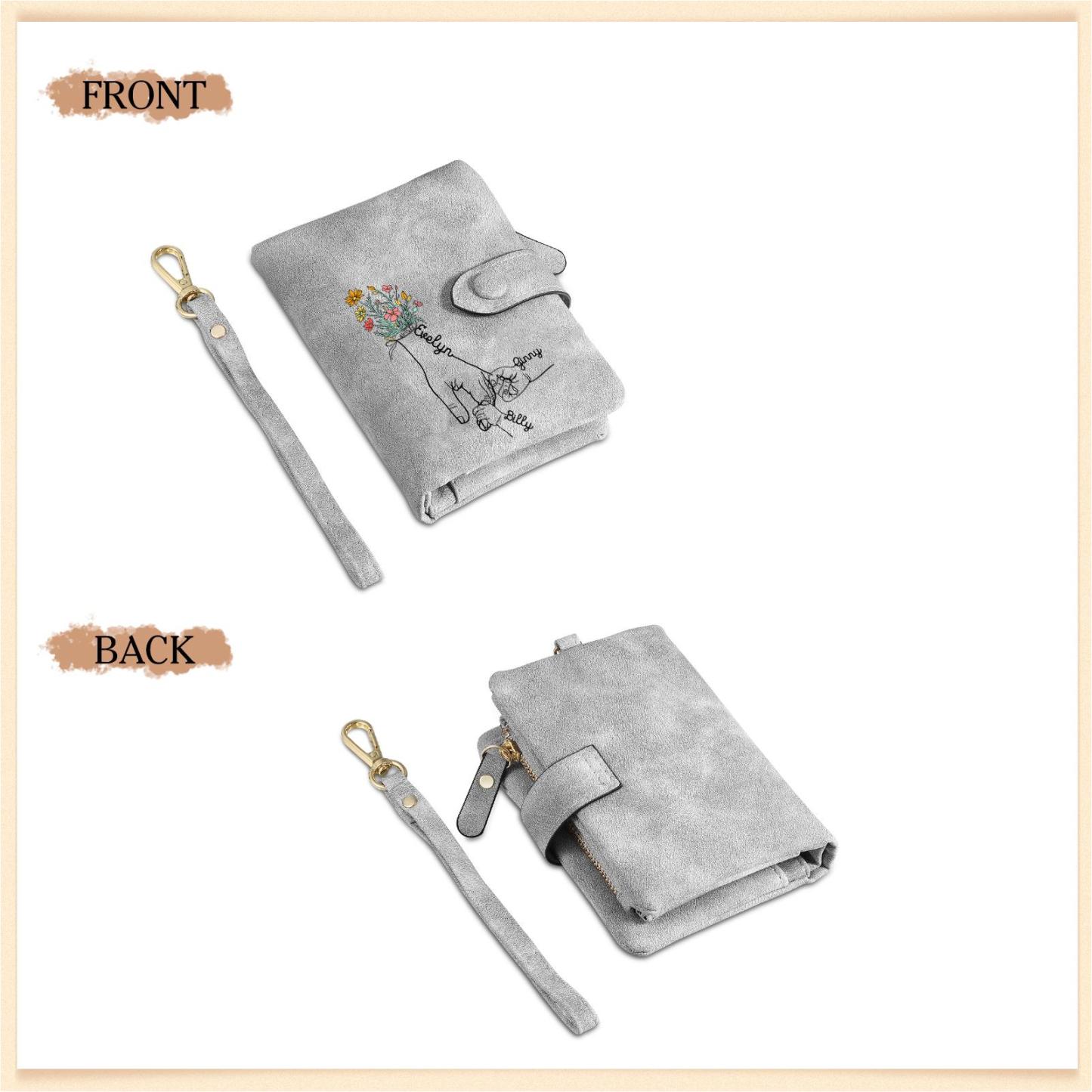 Damen Personalisierte 2-7 Namen Blume Hand PU Leder Geldbörse