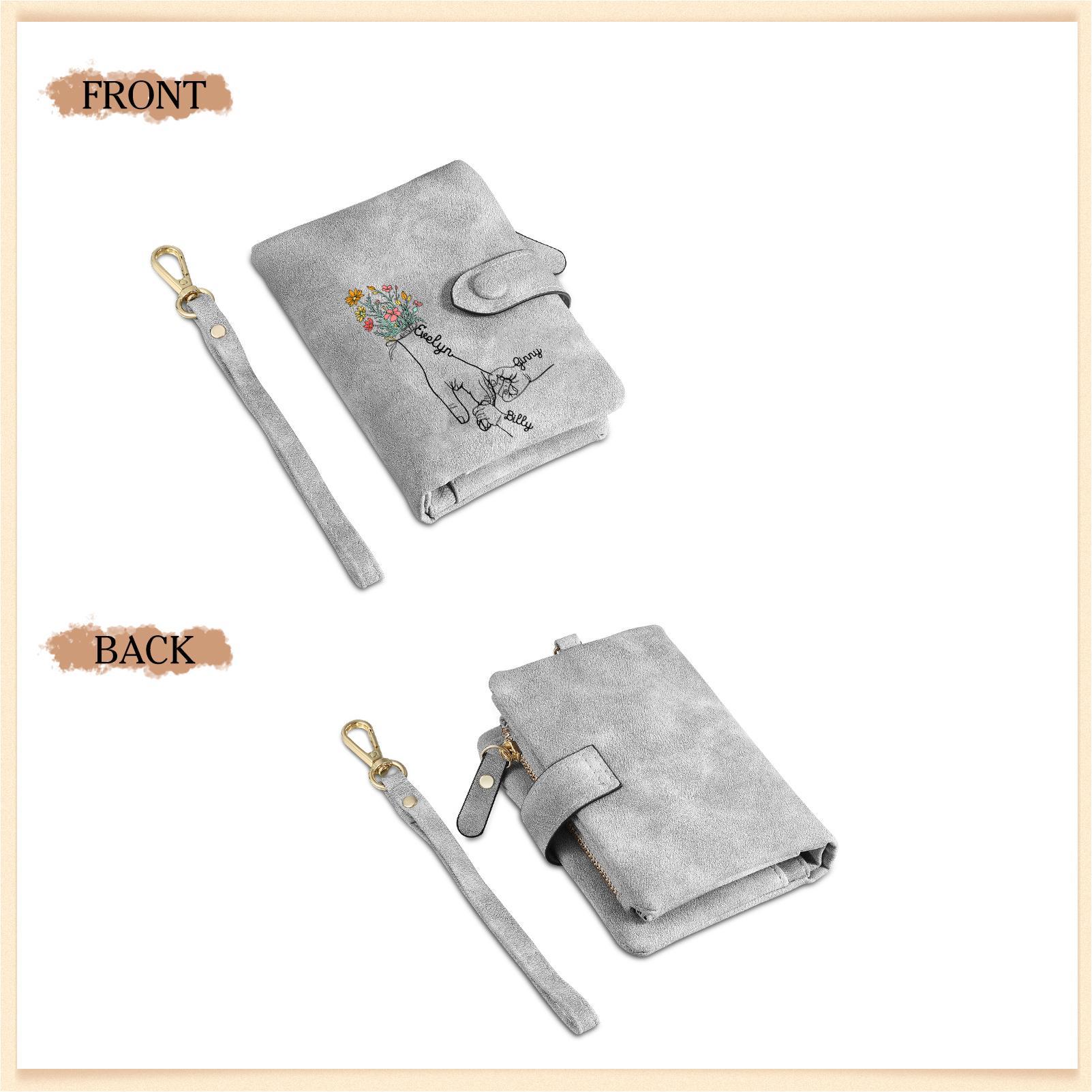 Damen Personalisierte 2-7 Namen Blume Hand PU Leder Geldbörse