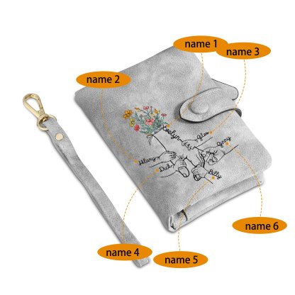 Damen Personalisierte 2-7 Namen Blume Hand PU Leder Geldbörse