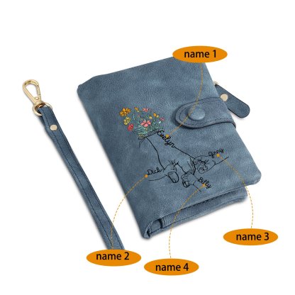 Damen Personalisierte 2-7 Namen Blume Hand PU Leder Geldbörse
