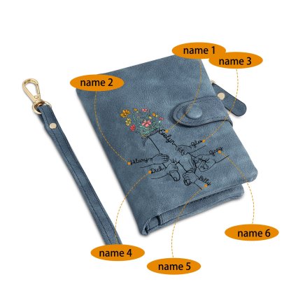 Damen Personalisierte 2-7 Namen Blume Hand PU Leder Geldbörse
