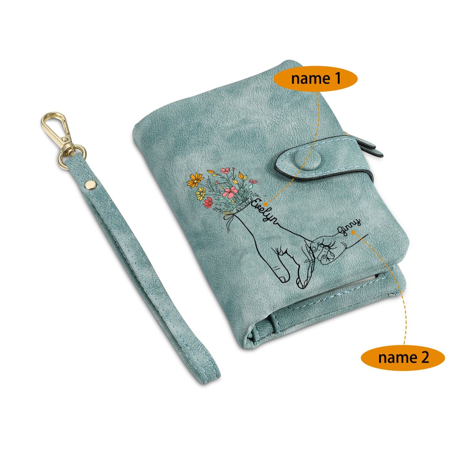 Damen Personalisierte 2-7 Namen Blume Hand PU Leder Geldbörse