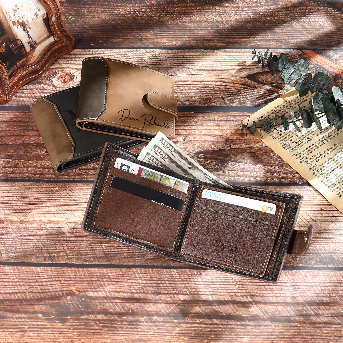 Herren Personalisiertes Foto & Text Leder Geldbörse in Braun/ Dunkelgrau-Geschenk für Papa Vater