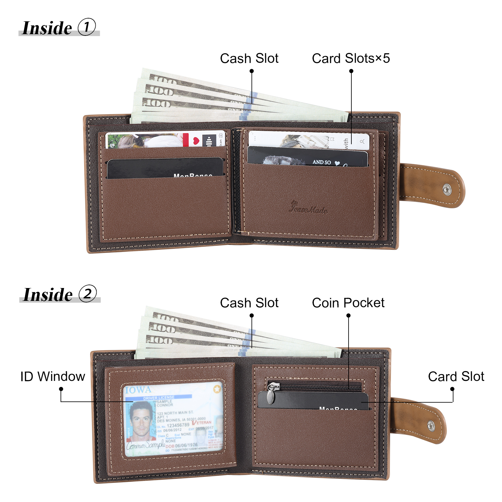 Herren Personalisiertes Foto & Text Leder Geldbörse in Braun/ Dunkelgrau-Geschenk für Papa Vater