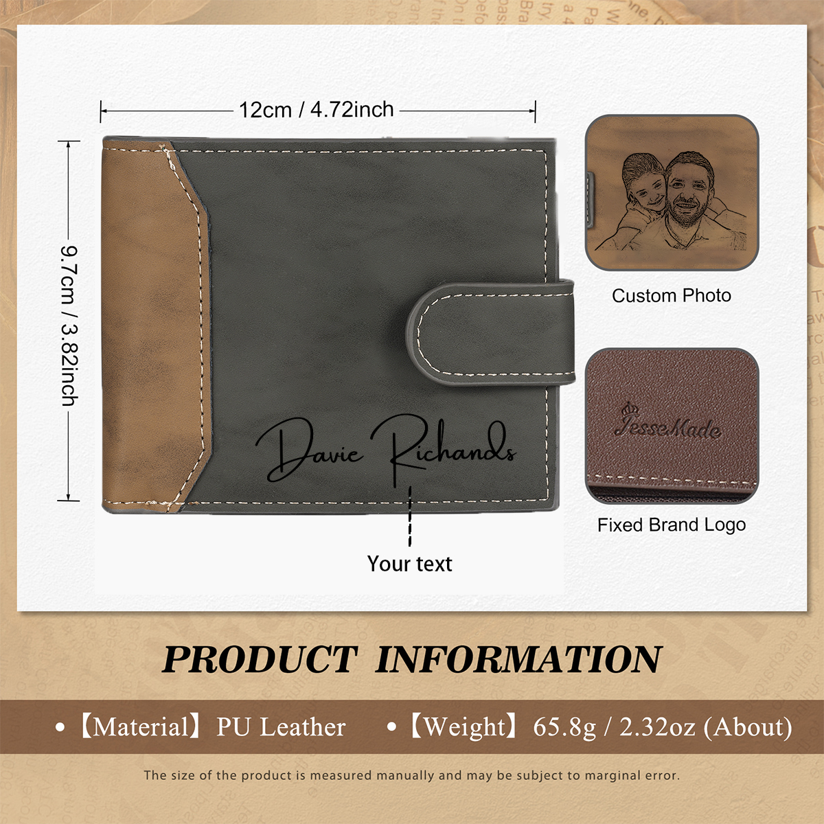 Herren Personalisiertes Foto & Text Leder Geldbörse in Braun/ Dunkelgrau-Geschenk für Papa Vater