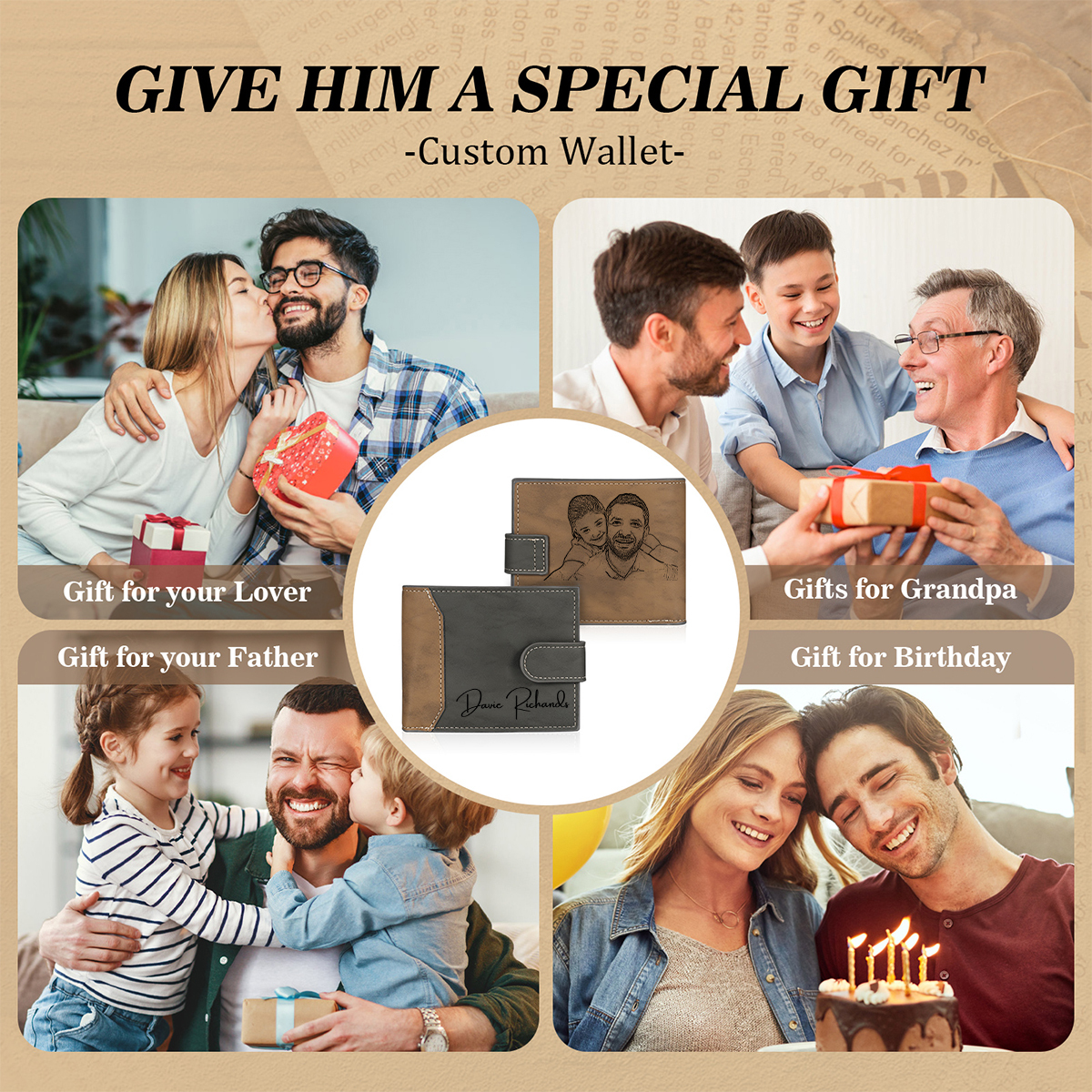 Herren Personalisiertes Foto & Text Leder Geldbörse in Braun/ Dunkelgrau-Geschenk für Papa Vater