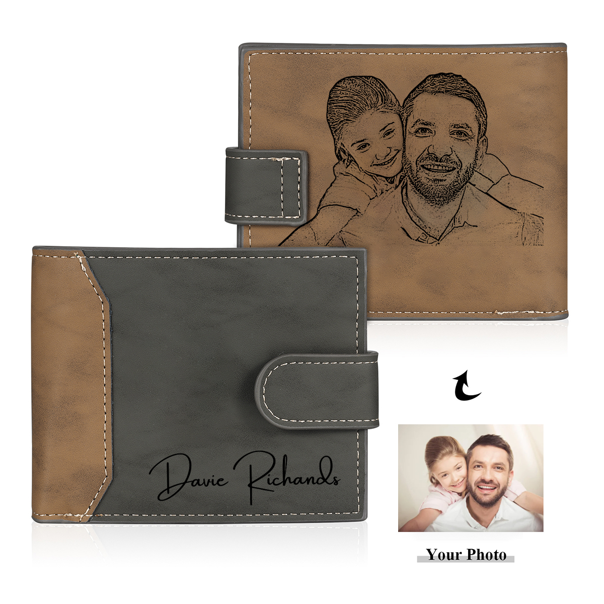 Herren Personalisiertes Foto & Text Leder Geldbörse in Braun/ Dunkelgrau-Geschenk für Papa Vater