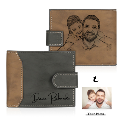 Herren Personalisiertes Foto & Text Leder Geldbörse in Braun/ Dunkelgrau-Geschenk für Papa Vater