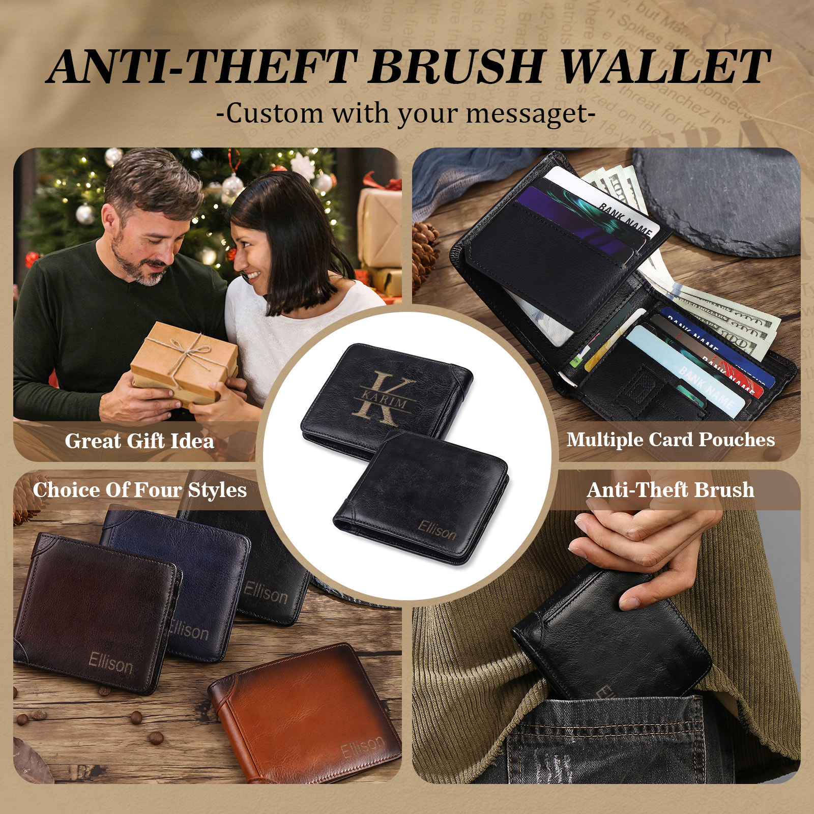 Personalisierte Herren Geldbörse aus Echtleder mit 2 Namen & Monogramm, Geschenk für Ehemann