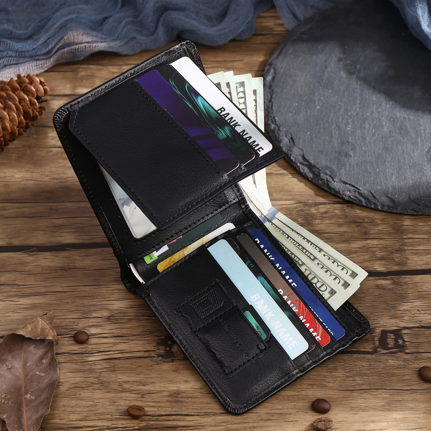 Personalisierte Herren Geldbörse aus Echtleder mit 2 Namen & Monogramm, Geschenk für Ehemann