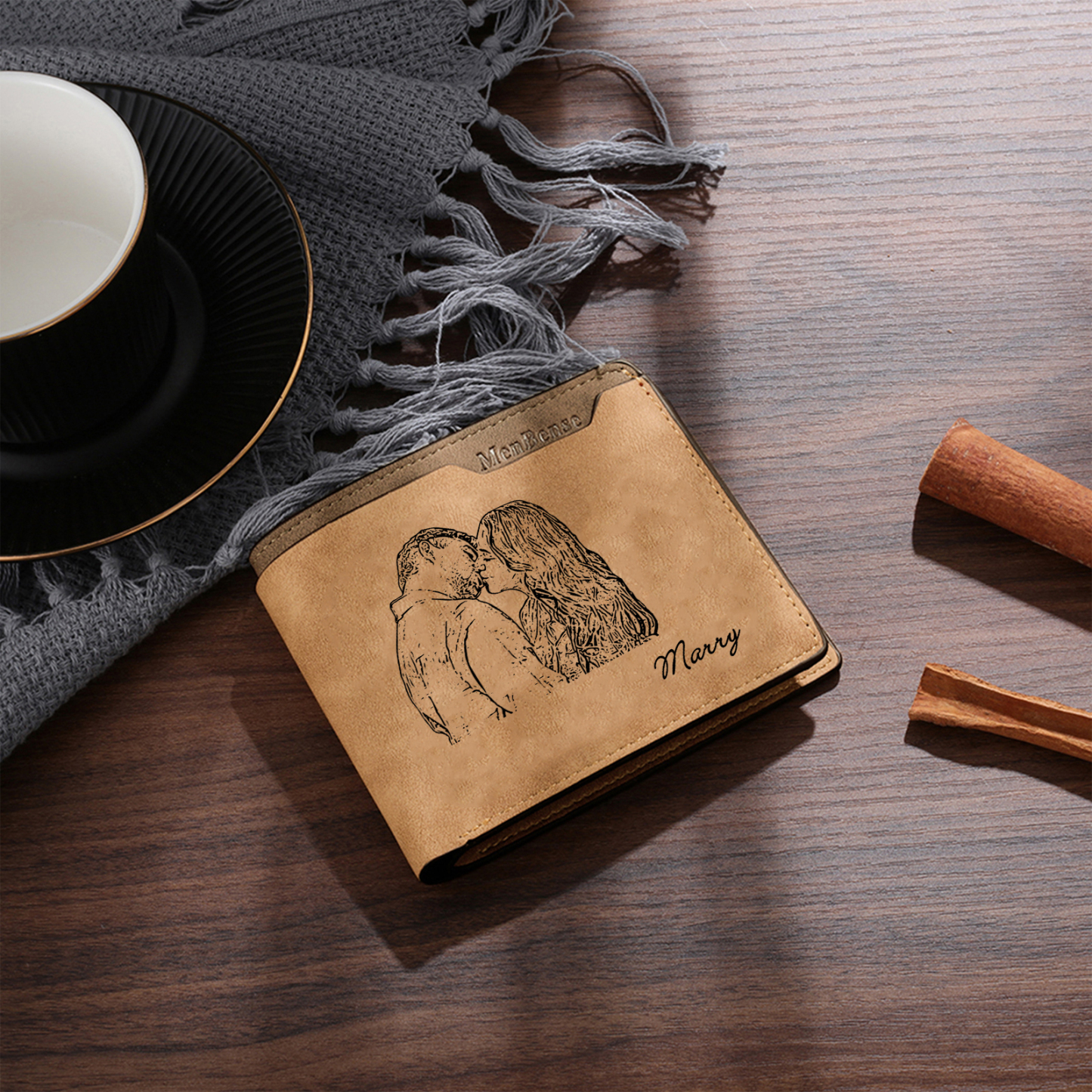 Herren Personalisierte 2 Fotos & 2 Texte & 1 Name Leder Braun Geldbörse für Paar