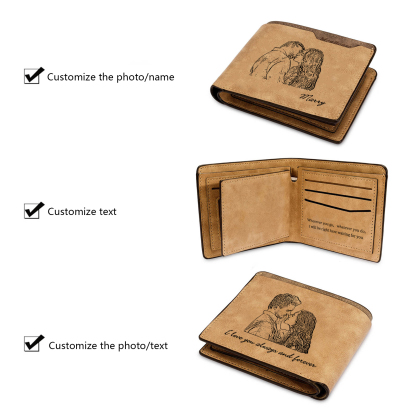 Herren Personalisierte 2 Fotos & 2 Texte & 1 Name Leder Braun Geldbörse für Paar