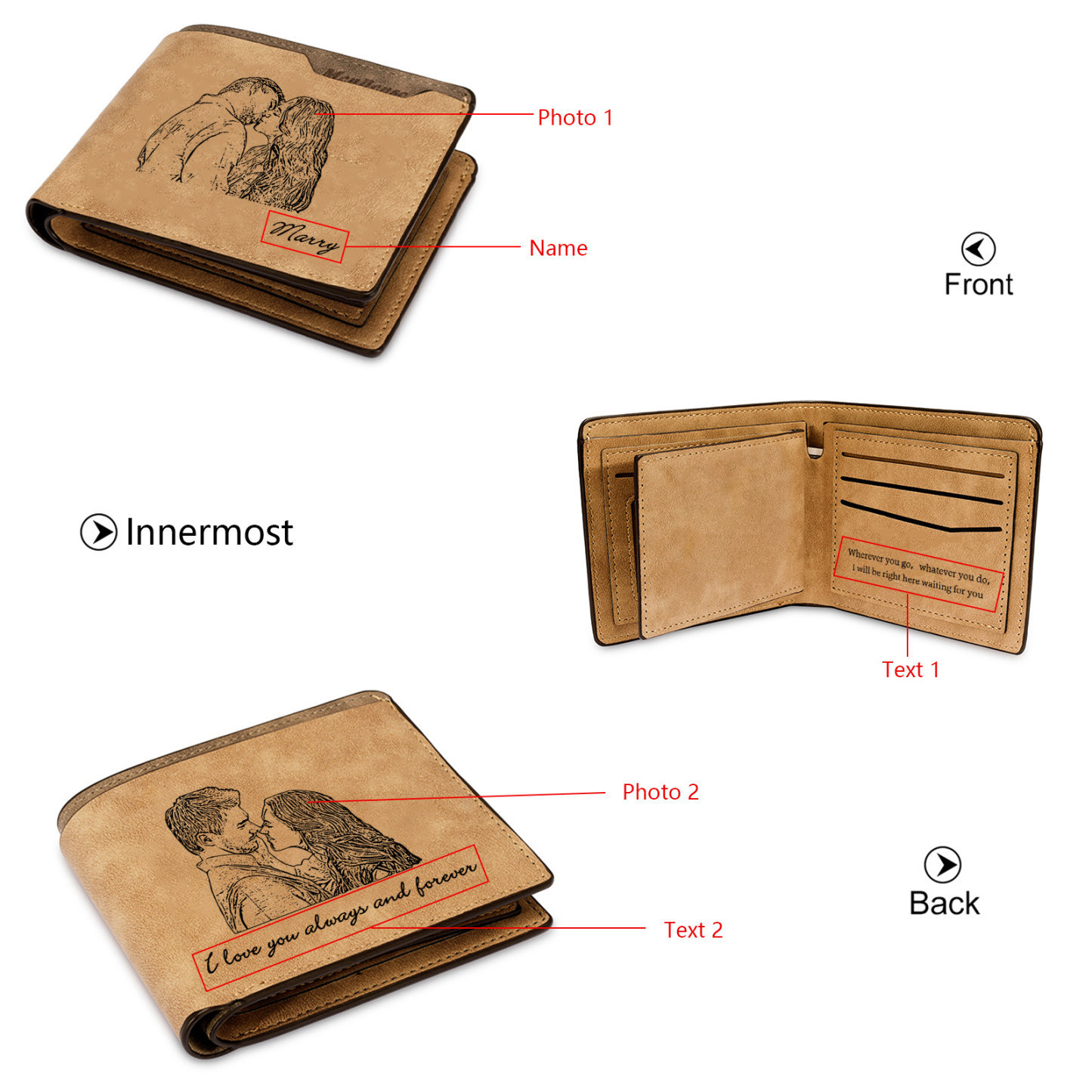 Herren Personalisierte 2 Fotos & 2 Texte & 1 Name Leder Braun Geldbörse für Paar