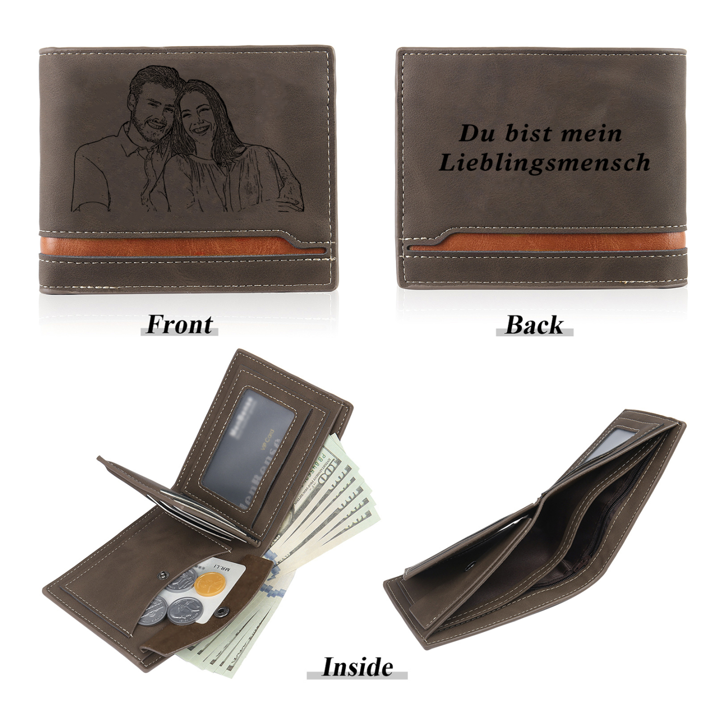 Personalisiertes Foto & Text Leder Geldbörse für Paare