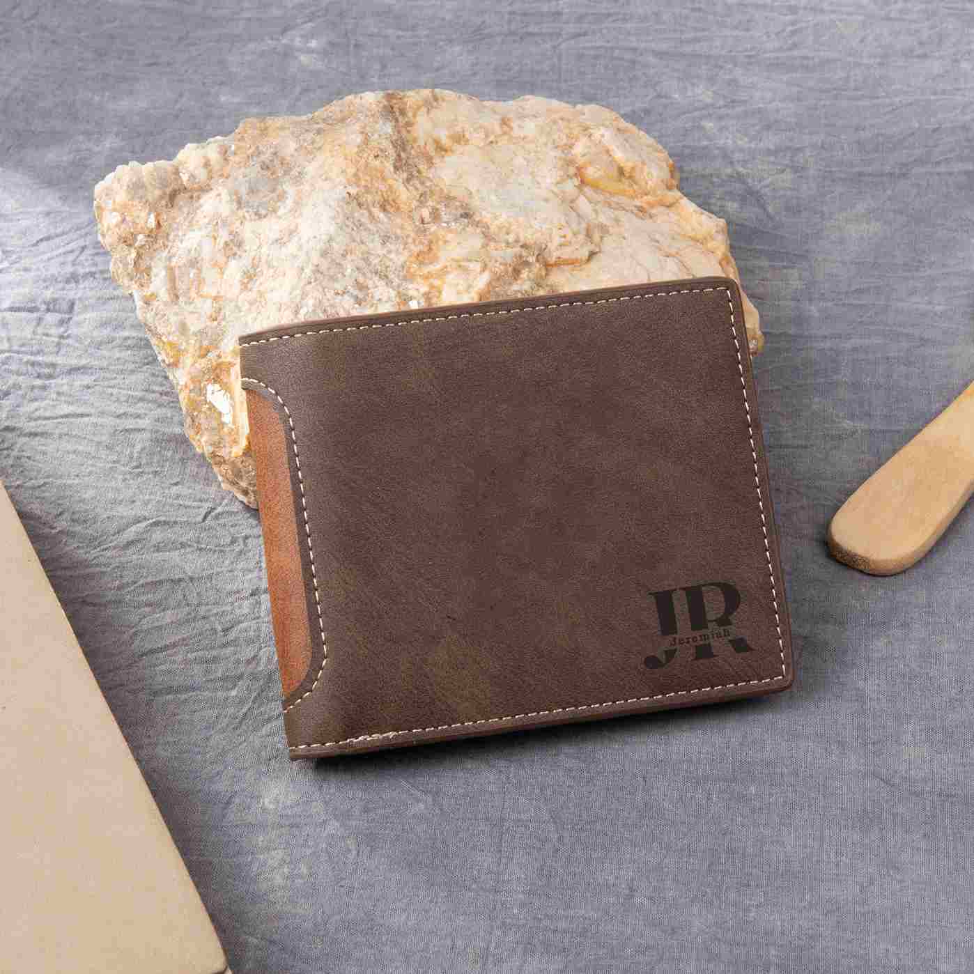 Personalisierte Herren-Geldbörse aus Leder mit eigenem Foto – Dunkelbraun/Dunkelgrau, 10 Muster zur Auswahl