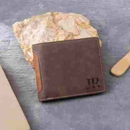 Personalisierte Herren-Geldbörse aus Leder mit eigenem Foto – Dunkelbraun/Dunkelgrau, 10 Muster zur Auswahl