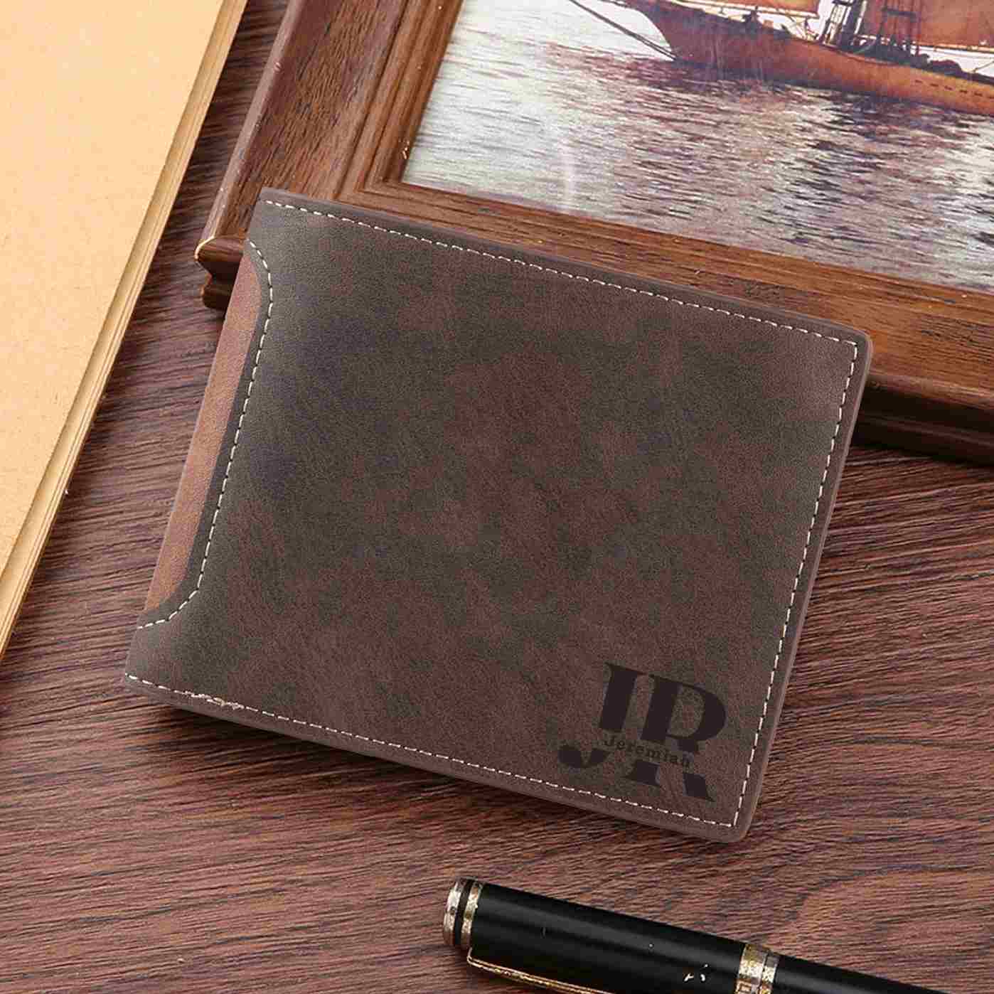 Personalisierte Herren-Geldbörse aus Leder mit eigenem Foto – Dunkelbraun/Dunkelgrau, 10 Muster zur Auswahl