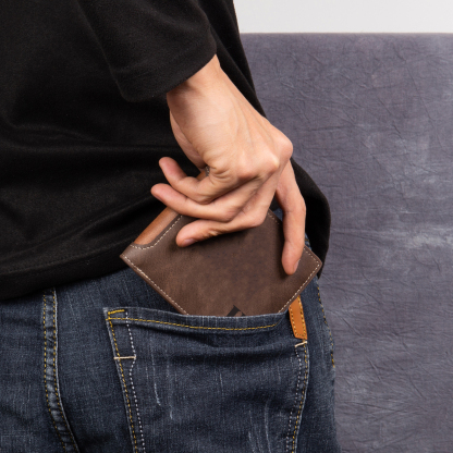 Personalisierte Herren-Geldbörse aus Leder mit eigenem Foto – Dunkelbraun/Dunkelgrau, 10 Muster zur Auswahl