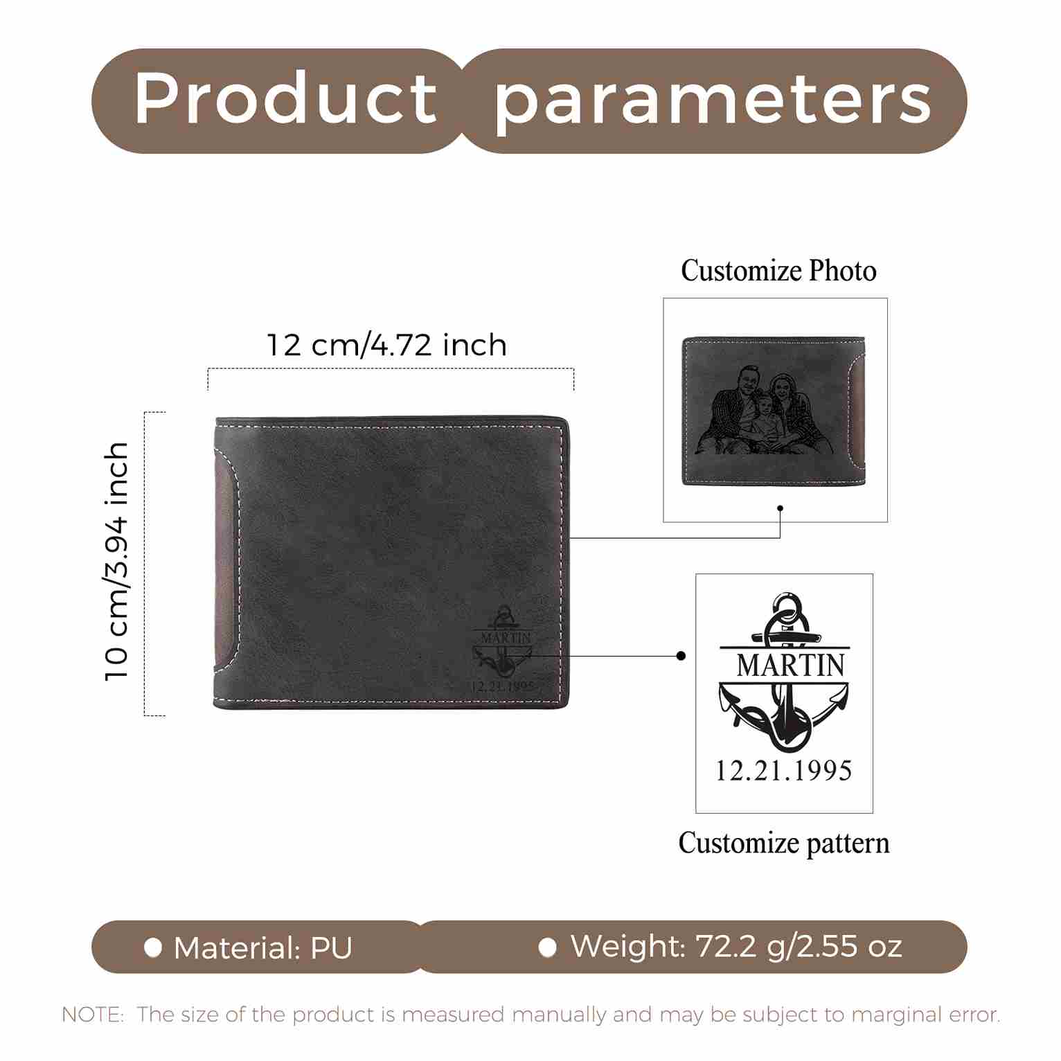 Personalisierte Herren-Geldbörse aus Leder mit eigenem Foto – Dunkelbraun/Dunkelgrau, 10 Muster zur Auswahl