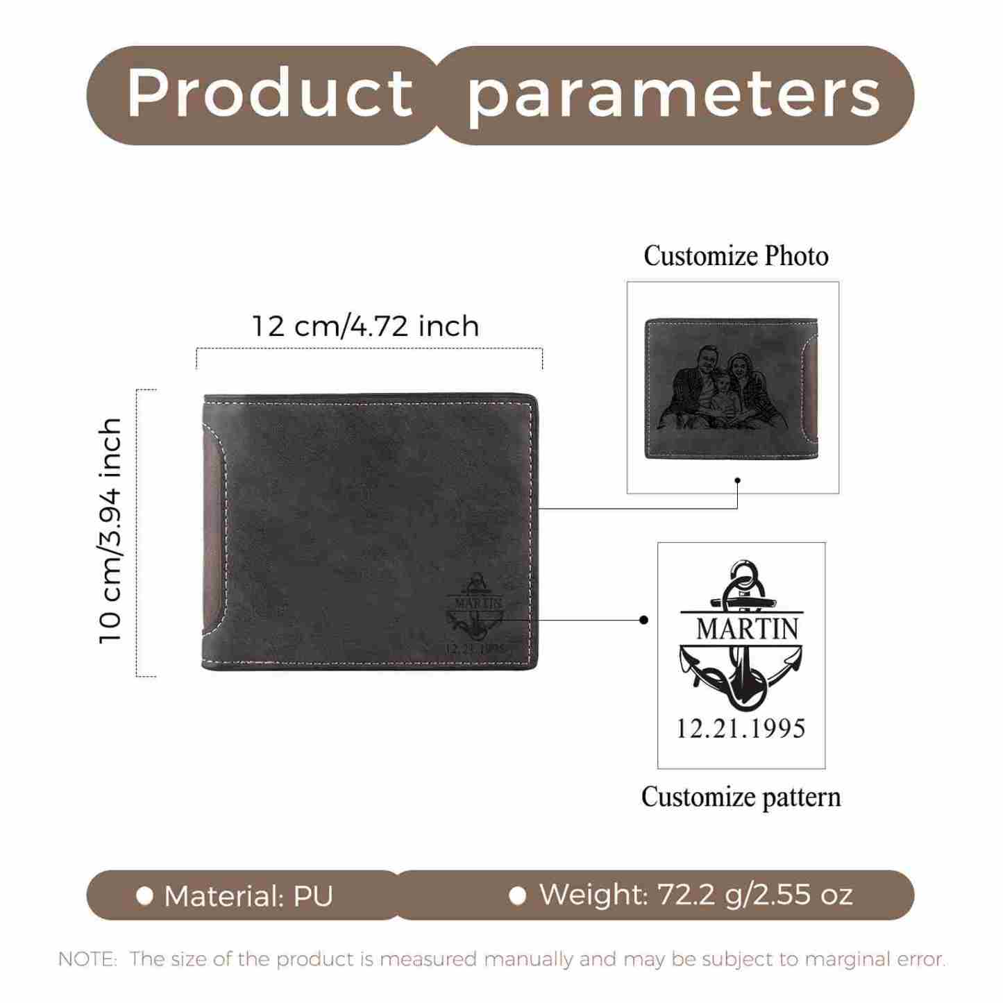 Personalisierte Herren-Geldbörse aus Leder mit eigenem Foto – Dunkelbraun/Dunkelgrau, 10 Muster zur Auswahl