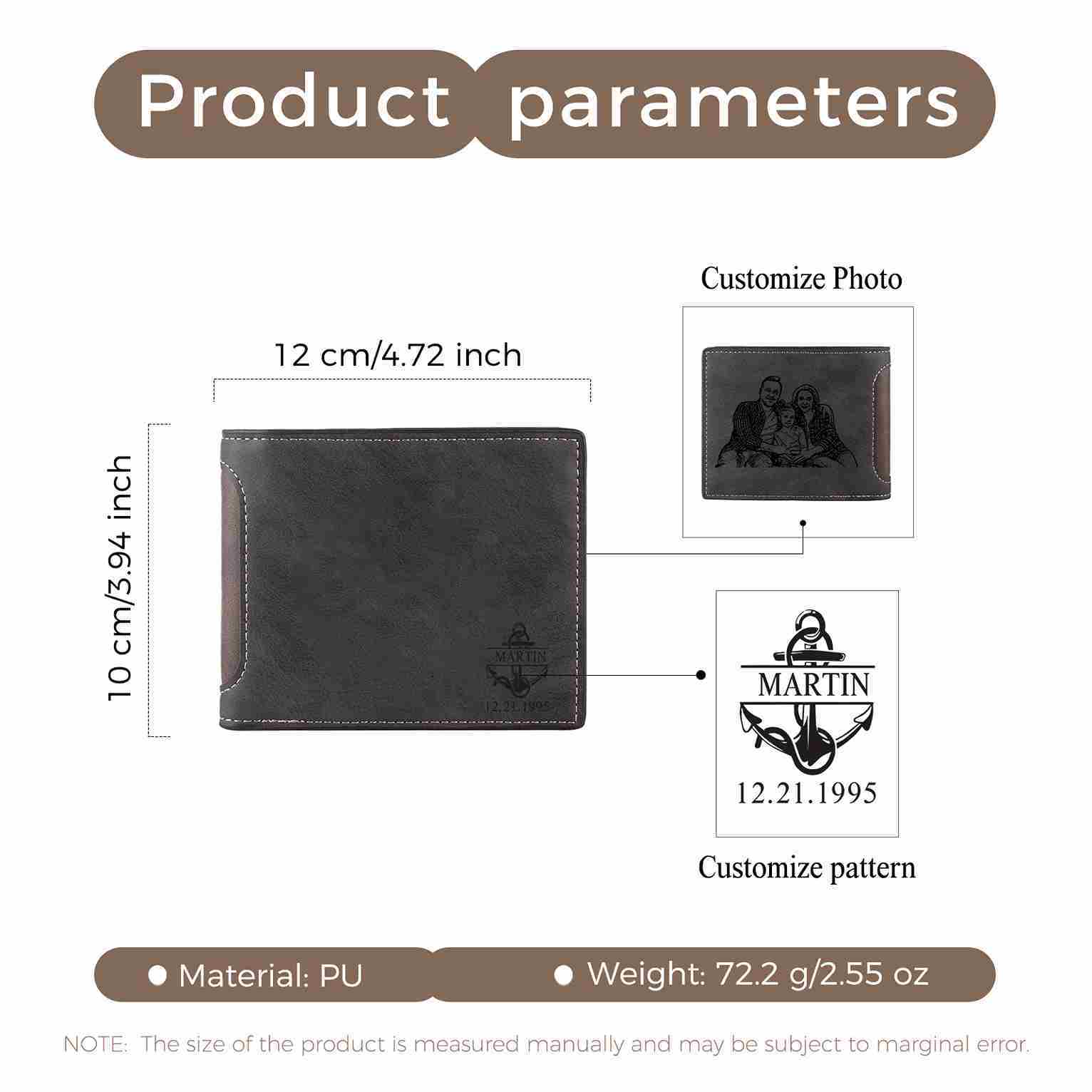 Personalisierte Herren-Geldbörse aus Leder mit eigenem Foto – Dunkelbraun/Dunkelgrau, 10 Muster zur Auswahl