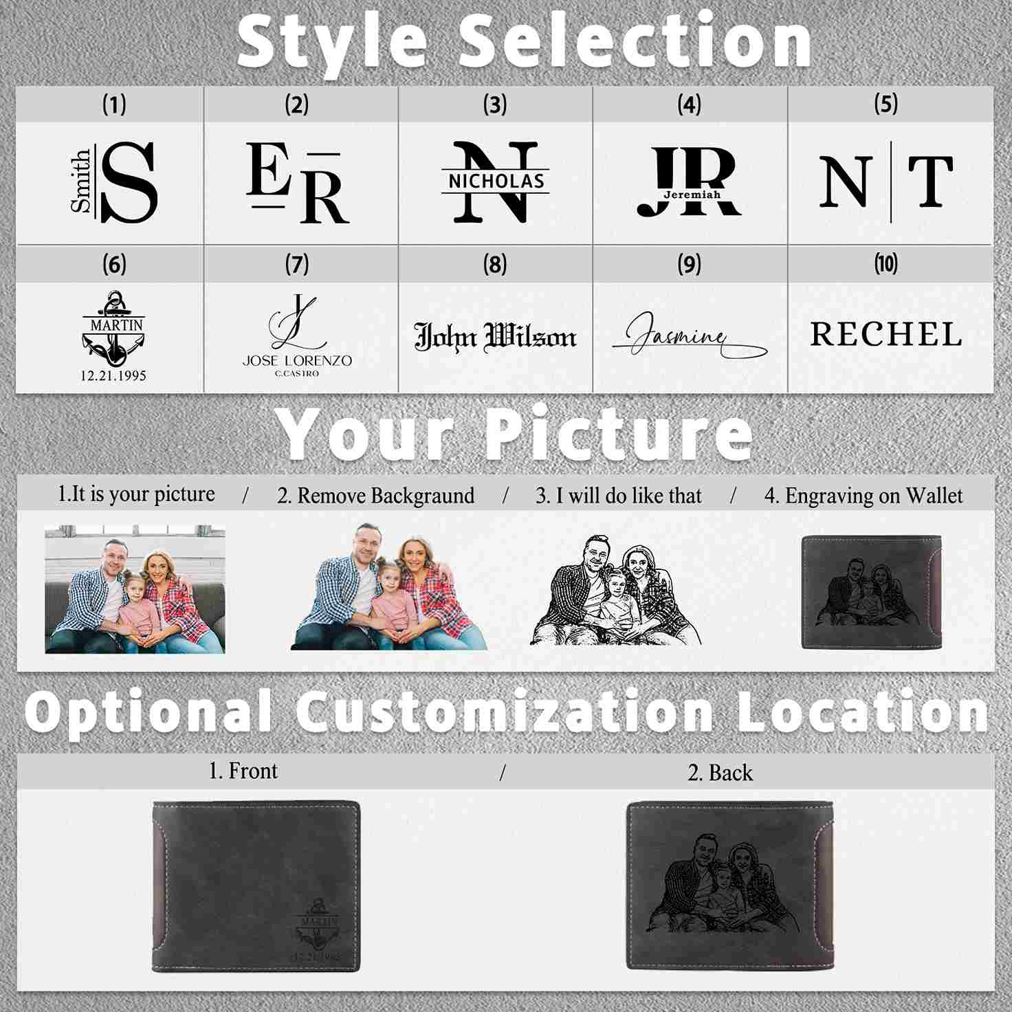 Personalisierte Herren-Geldbörse aus Leder mit eigenem Foto – Dunkelbraun/Dunkelgrau, 10 Muster zur Auswahl