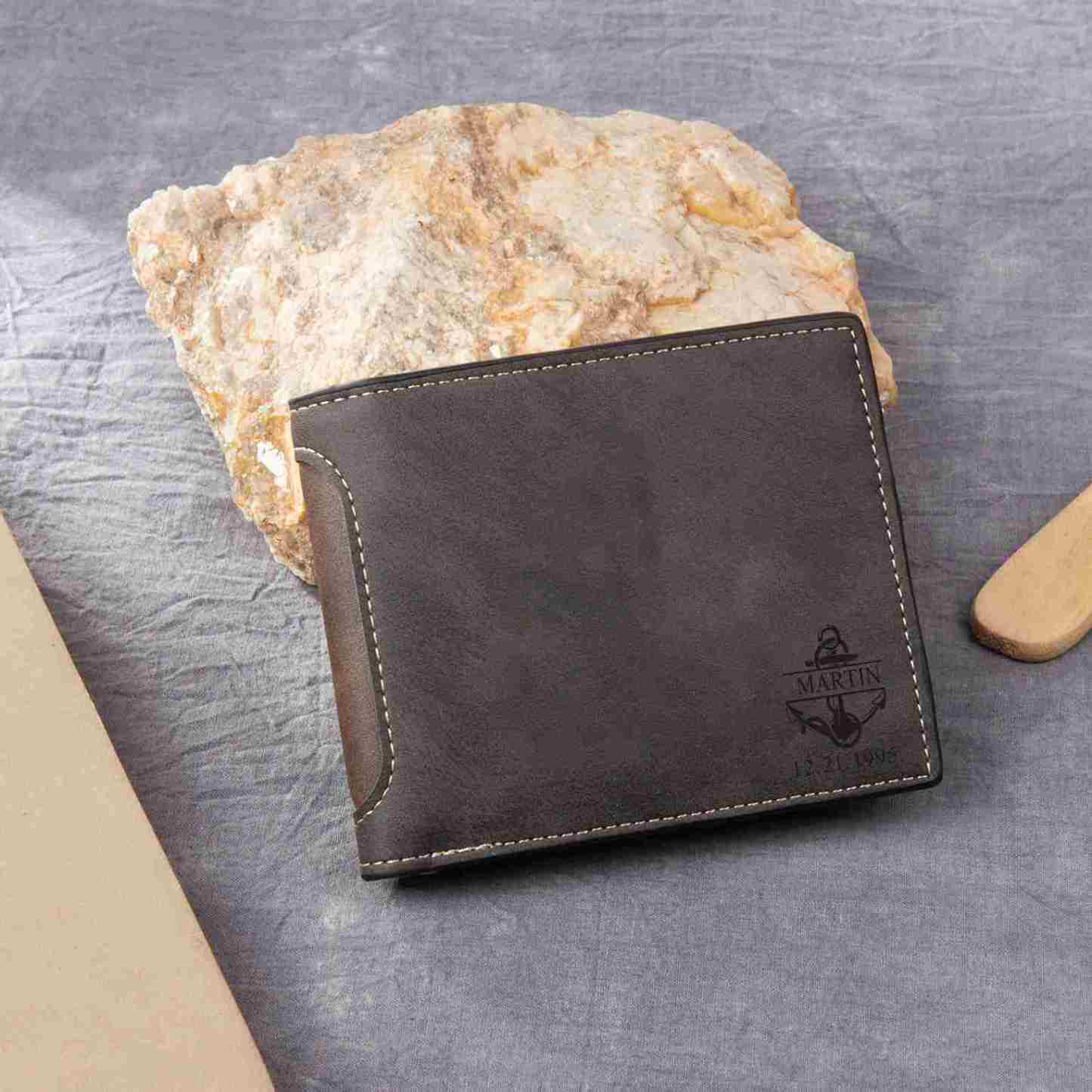 Personalisierte Herren-Geldbörse aus Leder mit eigenem Foto – Dunkelbraun/Dunkelgrau, 10 Muster zur Auswahl