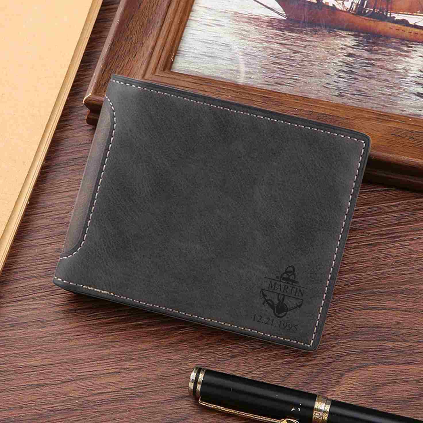 Personalisierte Herren-Geldbörse aus Leder mit eigenem Foto – Dunkelbraun/Dunkelgrau, 10 Muster zur Auswahl