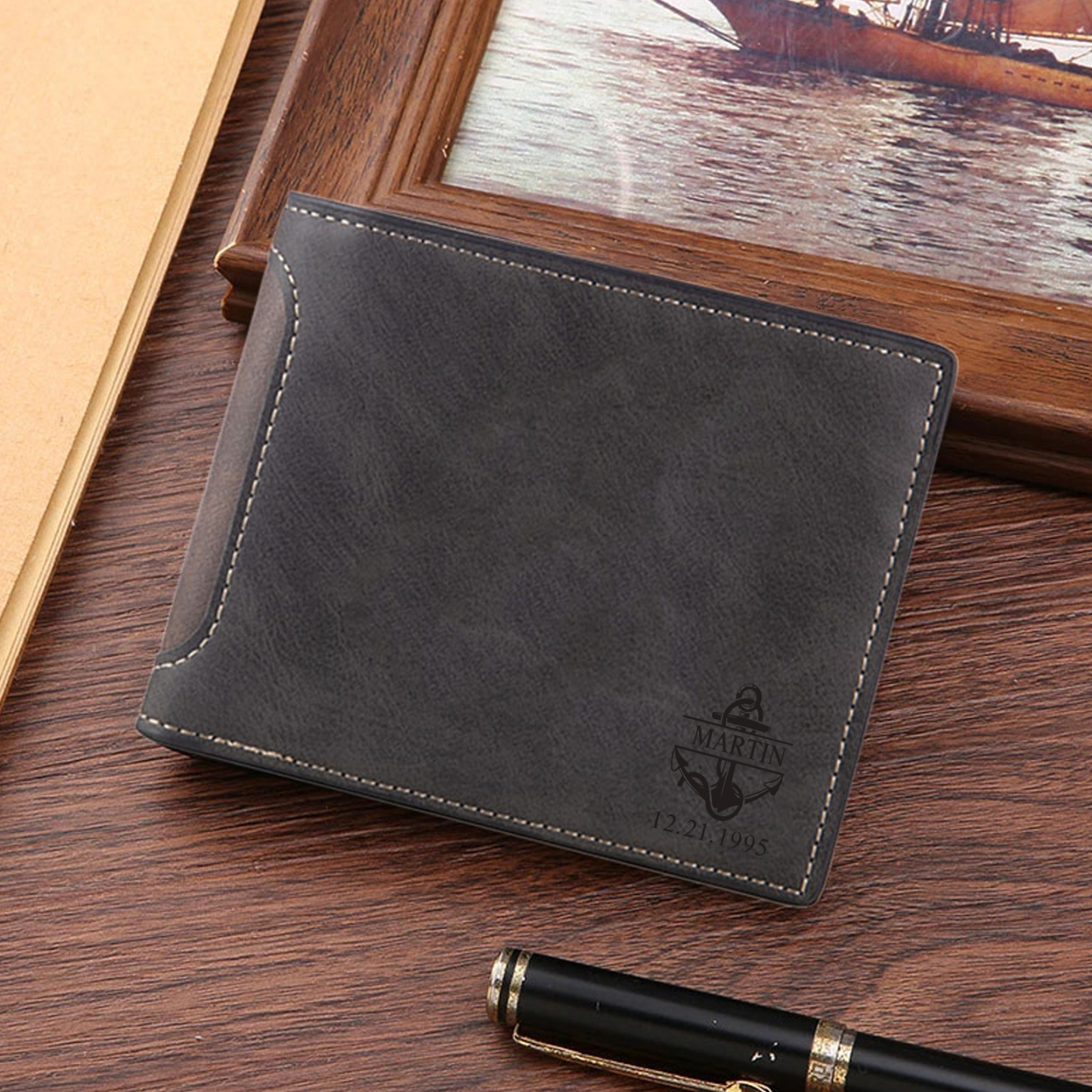 Herren Personalisiertes 1 Foto Leder Dunkelbraun/ Dunkelgrau Geldbörse – 10 Muster zur Auswahl