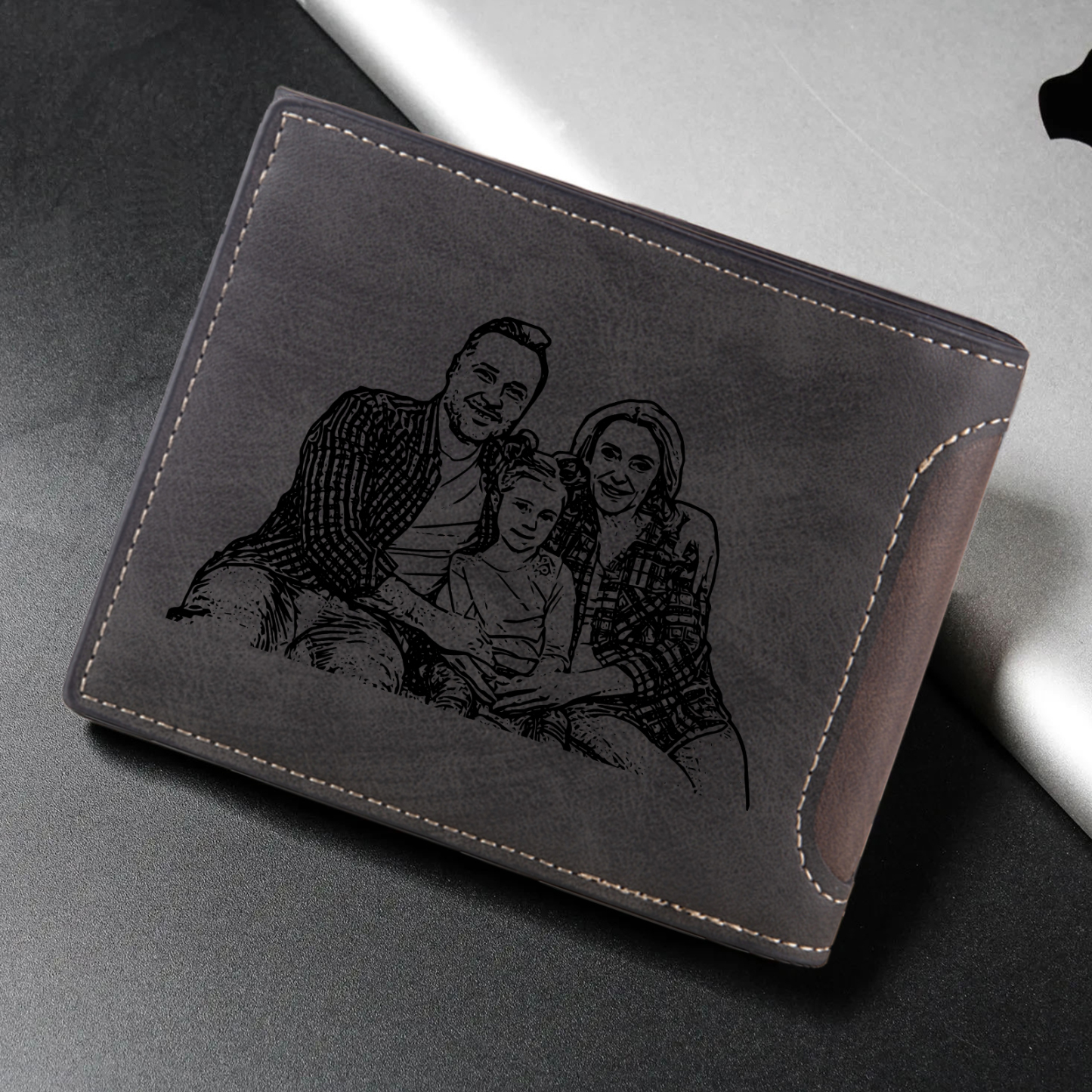 Herren Personalisiertes 1 Foto Leder Dunkelbraun/ Dunkelgrau Geldbörse – 10 Muster zur Auswahl