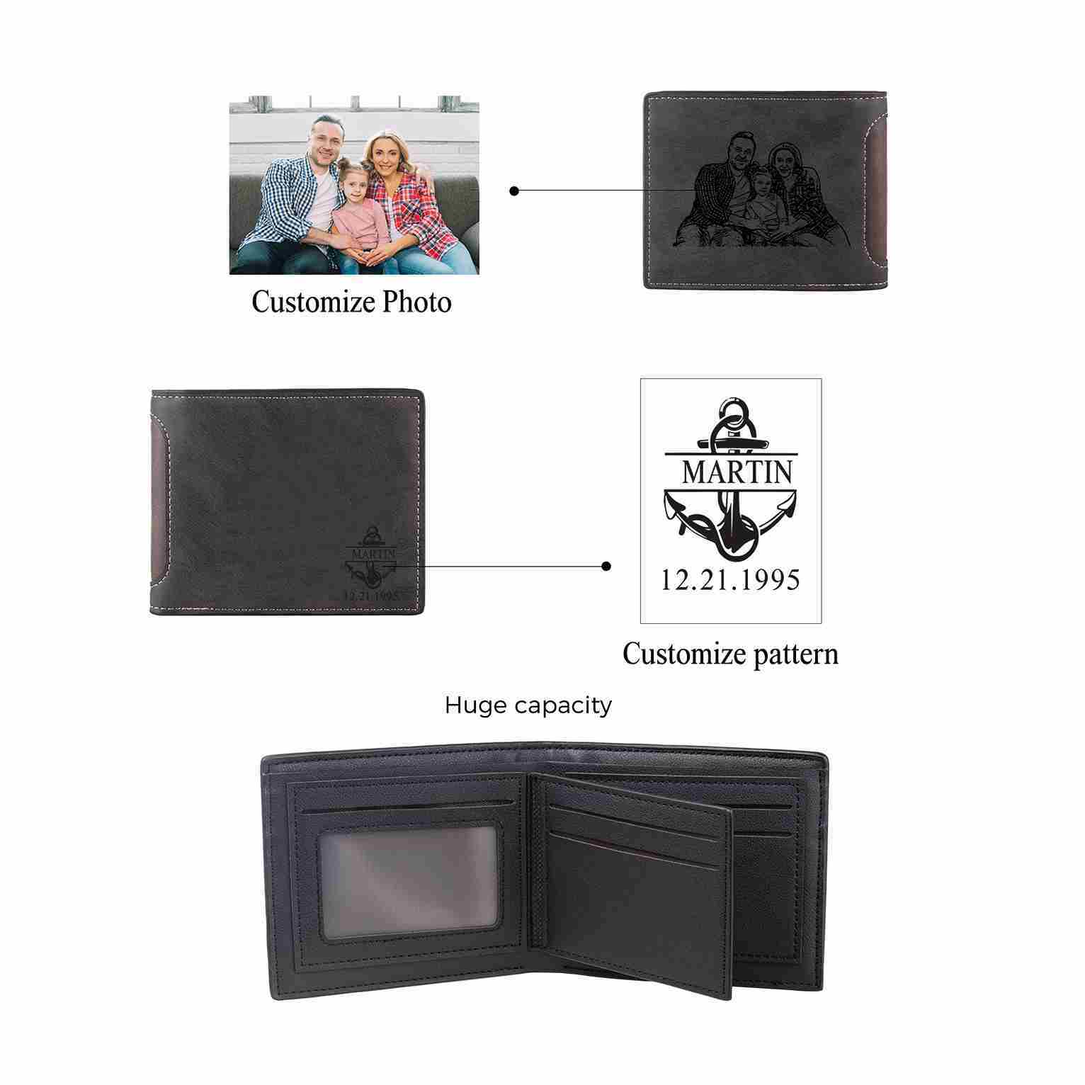 Personalisierte Herren-Geldbörse aus Leder mit eigenem Foto – Dunkelbraun/Dunkelgrau, 10 Muster zur Auswahl