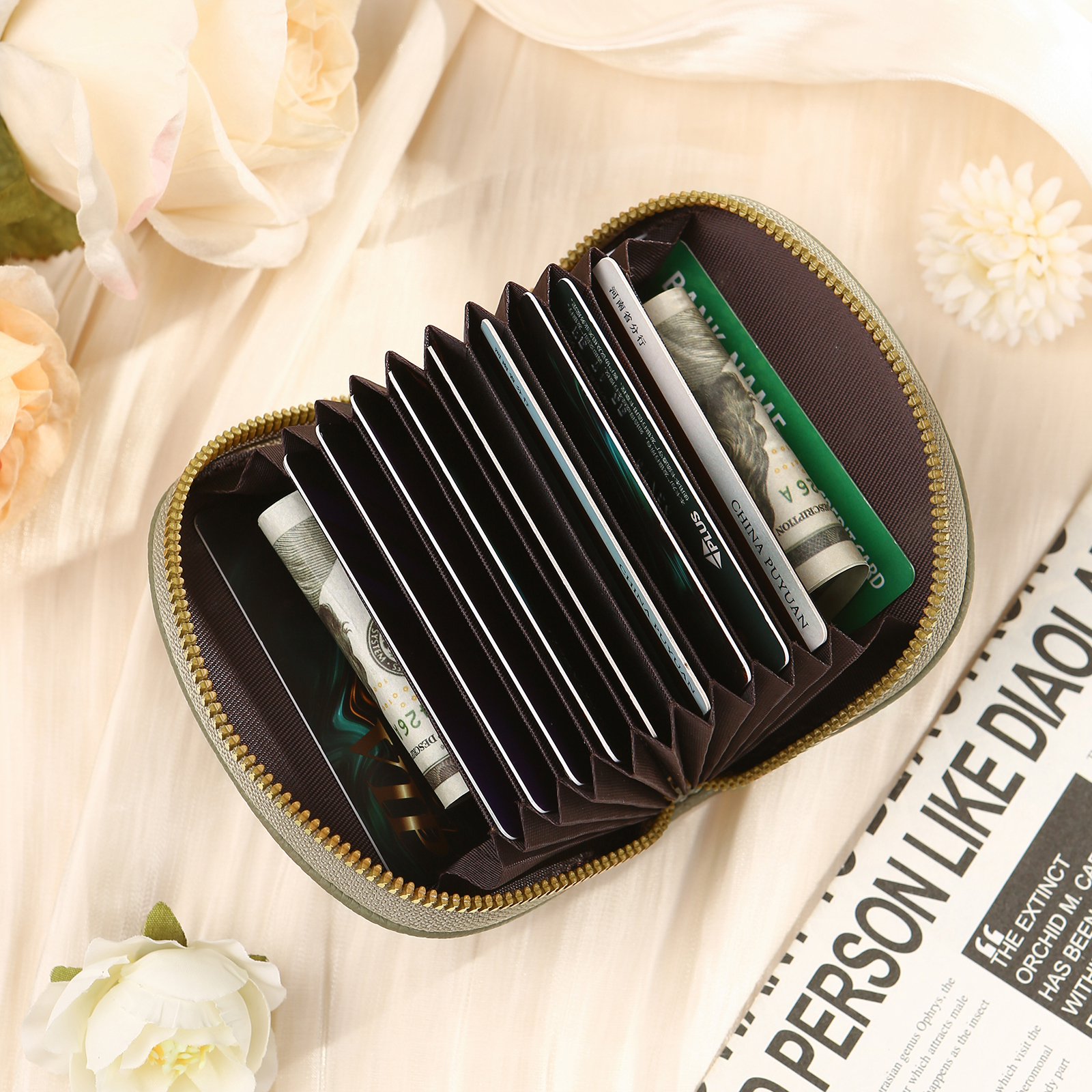 Damen Personalisiertes 1 Foto PU Leder Portemonnaie in Grün/ Braun/ Rot/ Grau – individuelle Geldbörse mit Reißverschluss