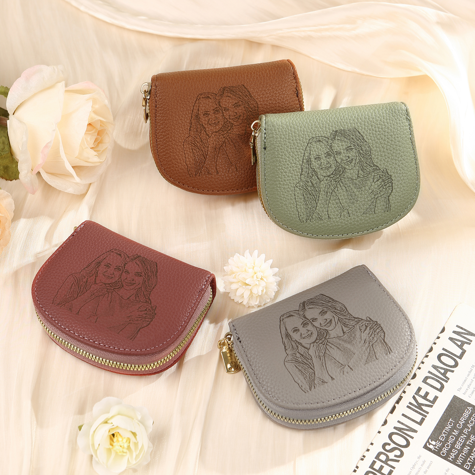 Damen Personalisiertes 1 Foto PU Leder Portemonnaie in Grün/ Braun/ Rot/ Grau – individuelle Geldbörse mit Reißverschluss