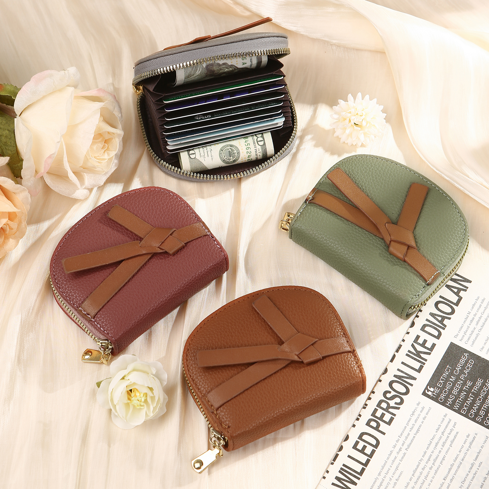 Damen Personalisiertes 1 Foto PU Leder Portemonnaie in Grün/ Braun/ Rot/ Grau – individuelle Geldbörse mit Reißverschluss