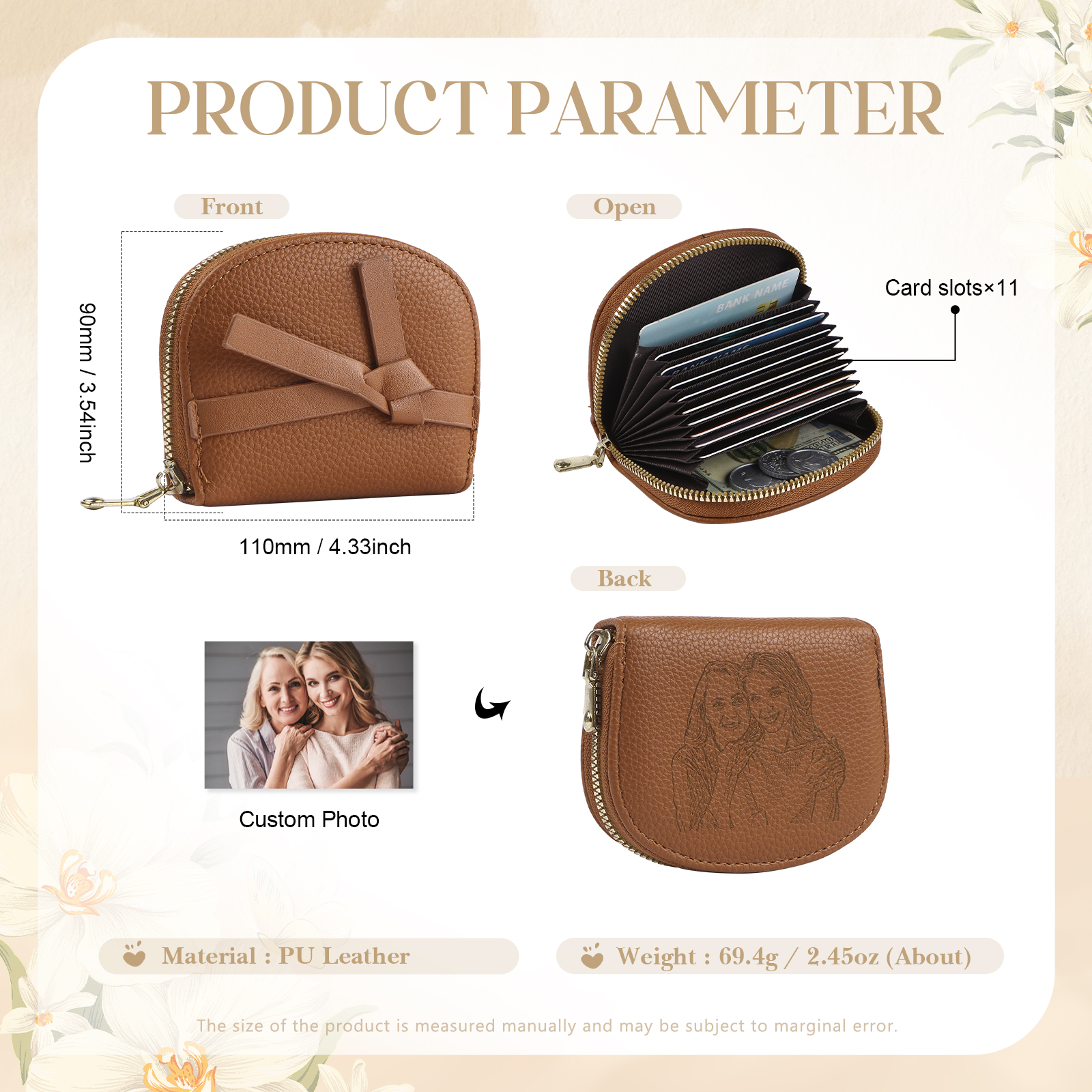 Damen Personalisiertes 1 Foto PU Leder Portemonnaie in Grün/ Braun/ Rot/ Grau – individuelle Geldbörse mit Reißverschluss