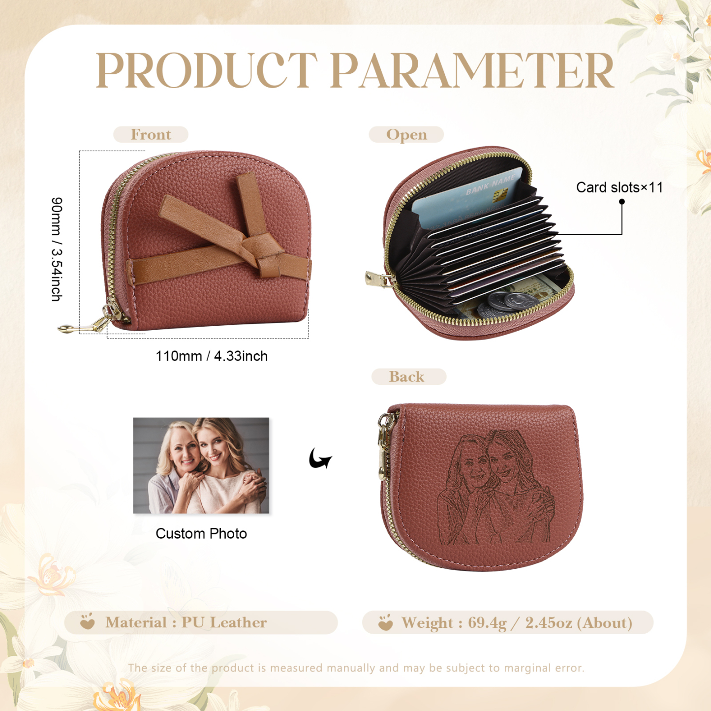 Damen Personalisiertes 1 Foto PU Leder Portemonnaie in Grün/ Braun/ Rot/ Grau – individuelle Geldbörse mit Reißverschluss