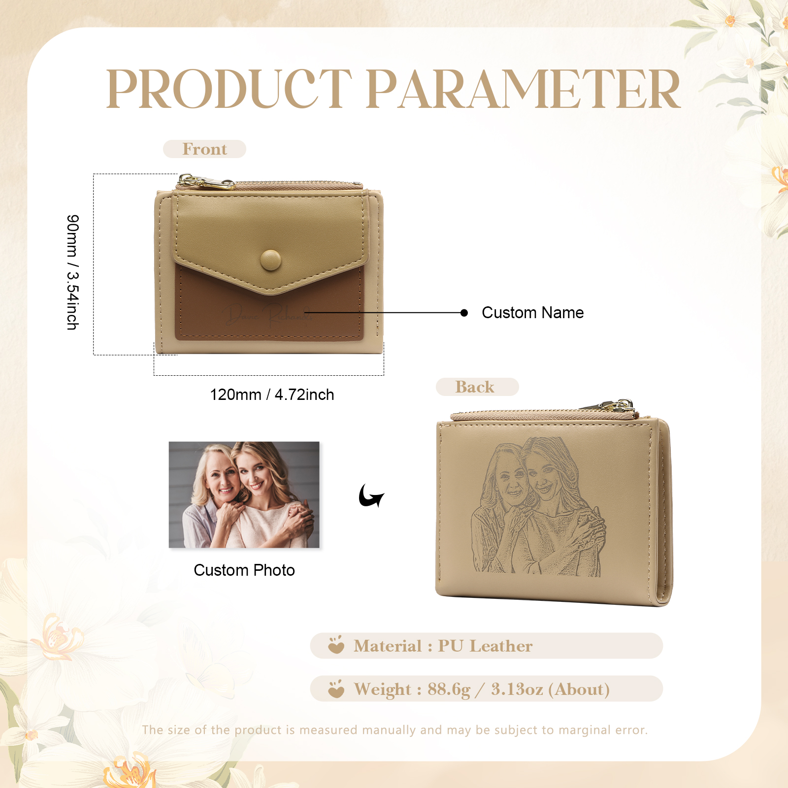 Damen Personalisierter 1 Name & Foto PU Leder Klapp-Portemonnaie Geldbörse mit Reißverschluss 