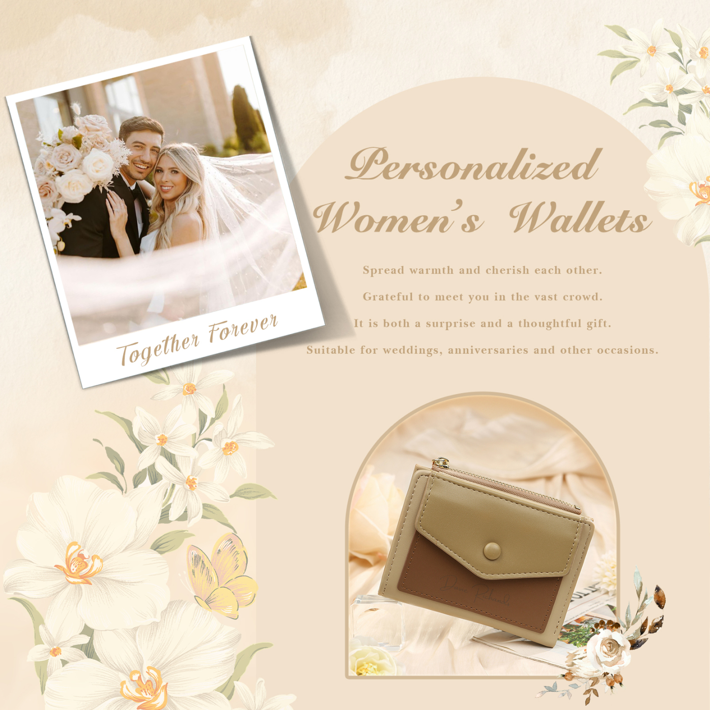 Damen Personalisierter 1 Name & Foto PU Leder Klapp-Portemonnaie Geldbörse mit Reißverschluss 