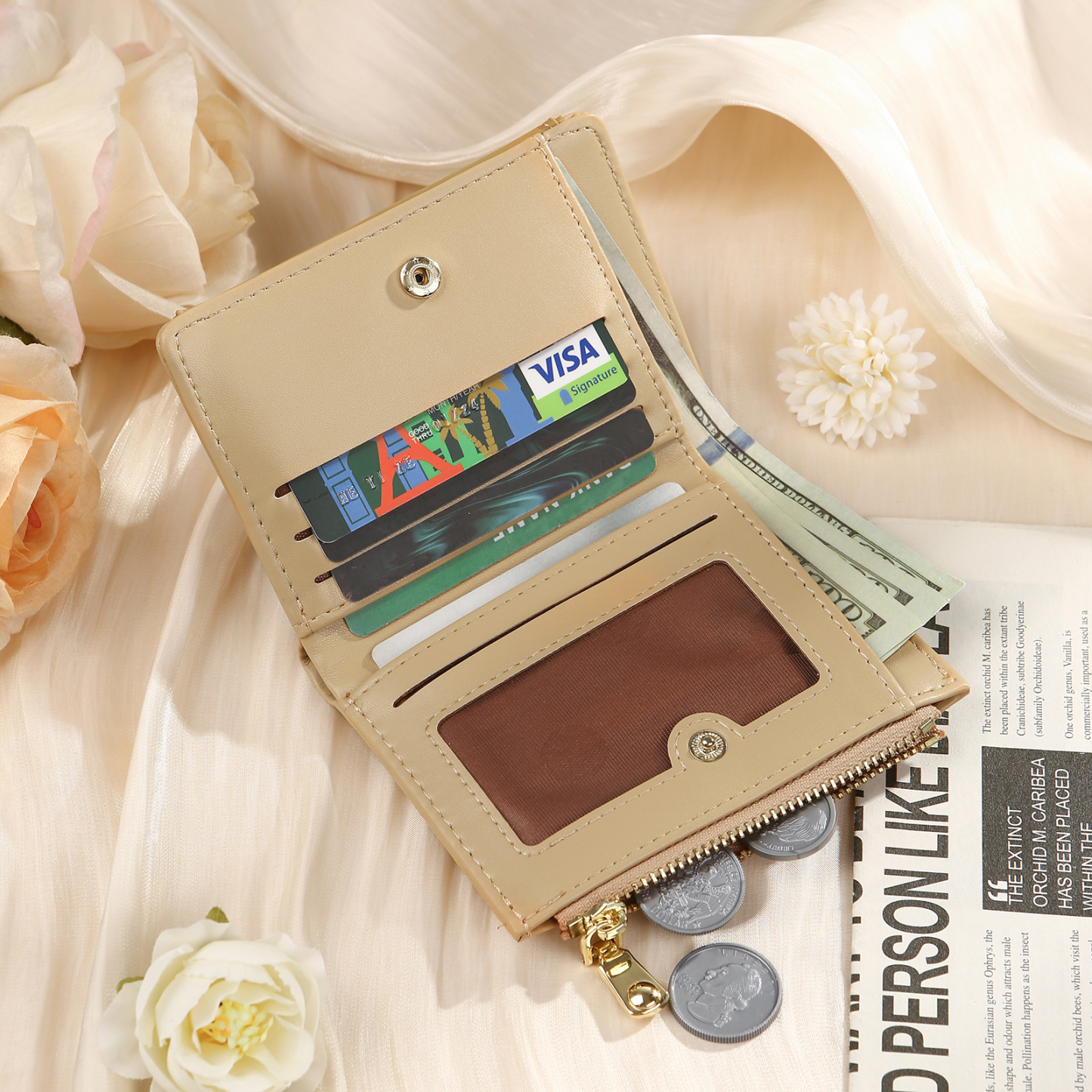 Damen Personalisierter 1 Name & Foto PU Leder Klapp-Portemonnaie Geldbörse mit Reißverschluss 