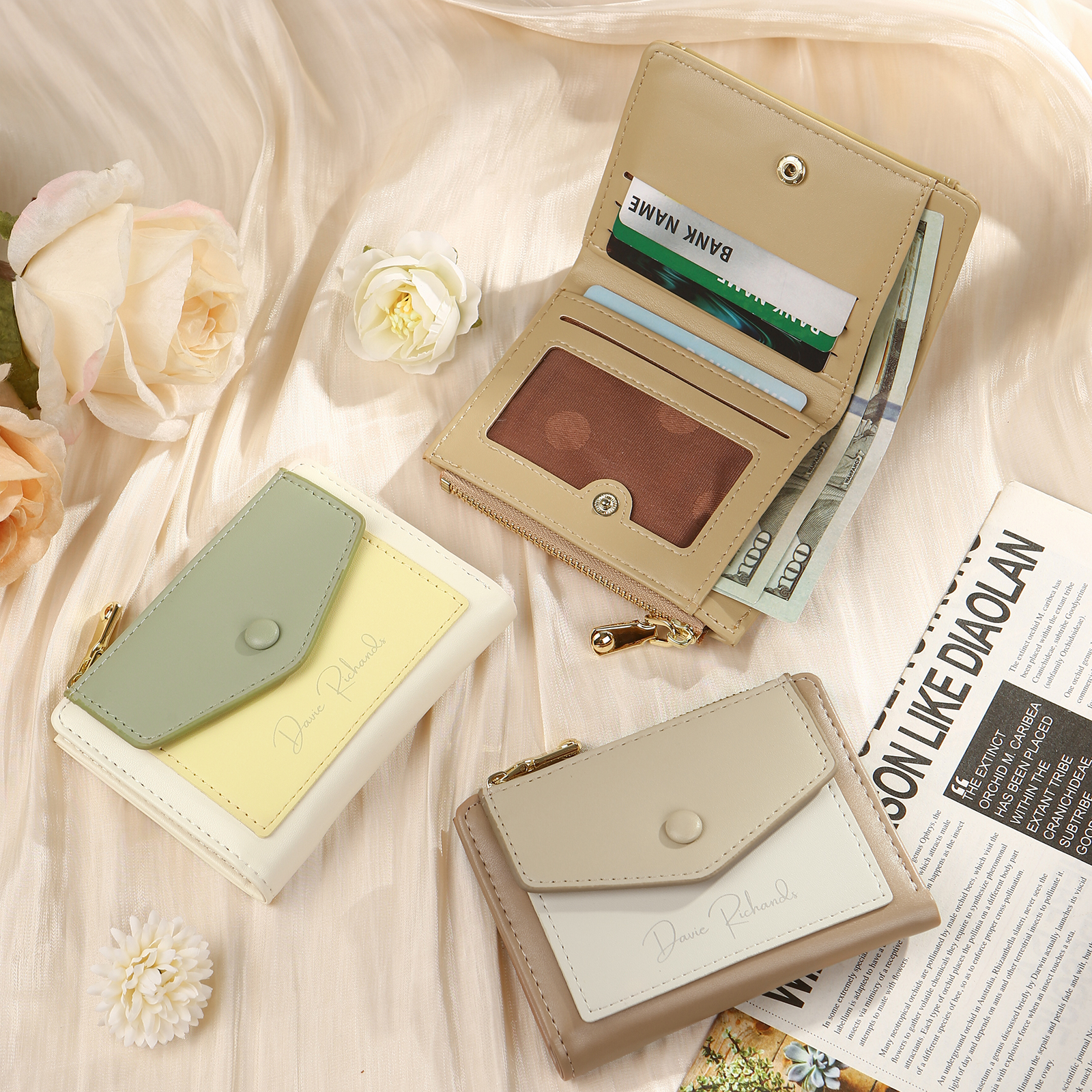 Damen Personalisierter 1 Name & Foto PU Leder Klapp-Portemonnaie Geldbörse mit Reißverschluss 