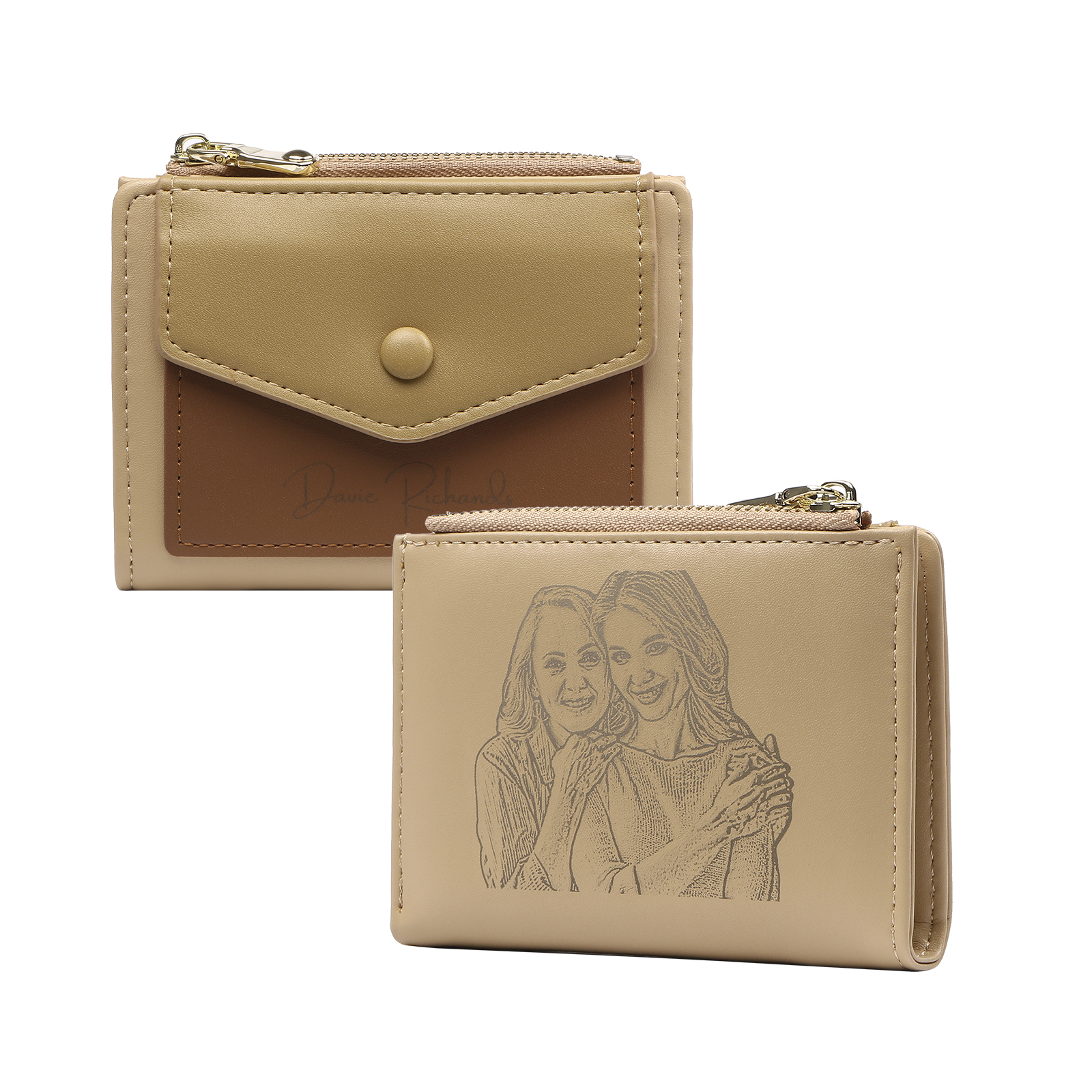 Damen Personalisierter 1 Name & Foto PU Leder Klapp-Portemonnaie Geldbörse mit Reißverschluss 