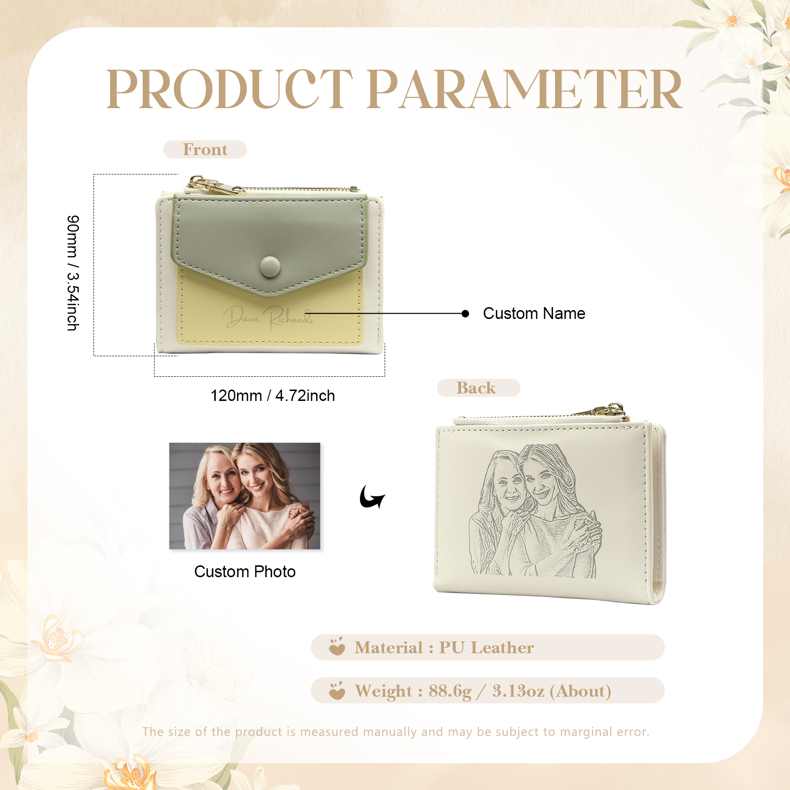 Damen Personalisierter 1 Name & Foto PU Leder Klapp-Portemonnaie Geldbörse mit Reißverschluss 