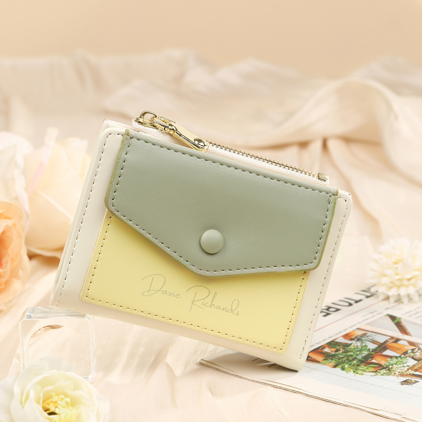 Damen Personalisierter 1 Name & Foto PU Leder Klapp-Portemonnaie Geldbörse mit Reißverschluss 