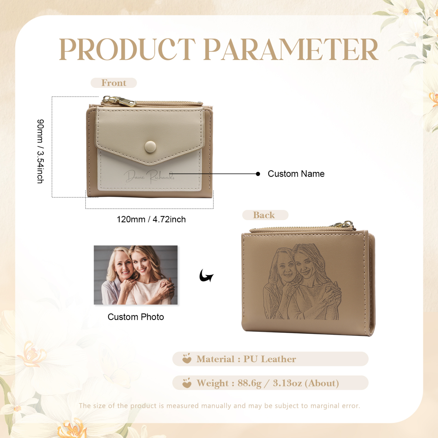 Damen Personalisierter 1 Name & Foto PU Leder Klapp-Portemonnaie Geldbörse mit Reißverschluss 
